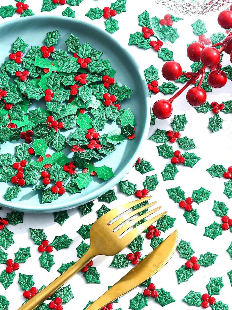 50/100/200pcs Christmas Confetti, Decorations For Christmas Trees And Wreaths, Confetti Parties, Green Leaves And Red Berries Sprinkled On The Table, Confetti, Suitable For Winter Christmas Party Supplies Decoration