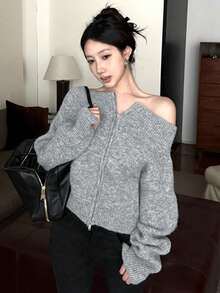 Cardigan Rajut Bergaya Retro Korea dengan Resleting, Jaket Sweater Bahu Terbuka, Estetika Yunani, Potongan Ramping Kelas Atas - Grey - View 4