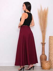 Women's Long Round Skirt Tailoring Evangelical Fashion Casual Basic Winter High Waist Elegant - 酒紅色 - 查看 2