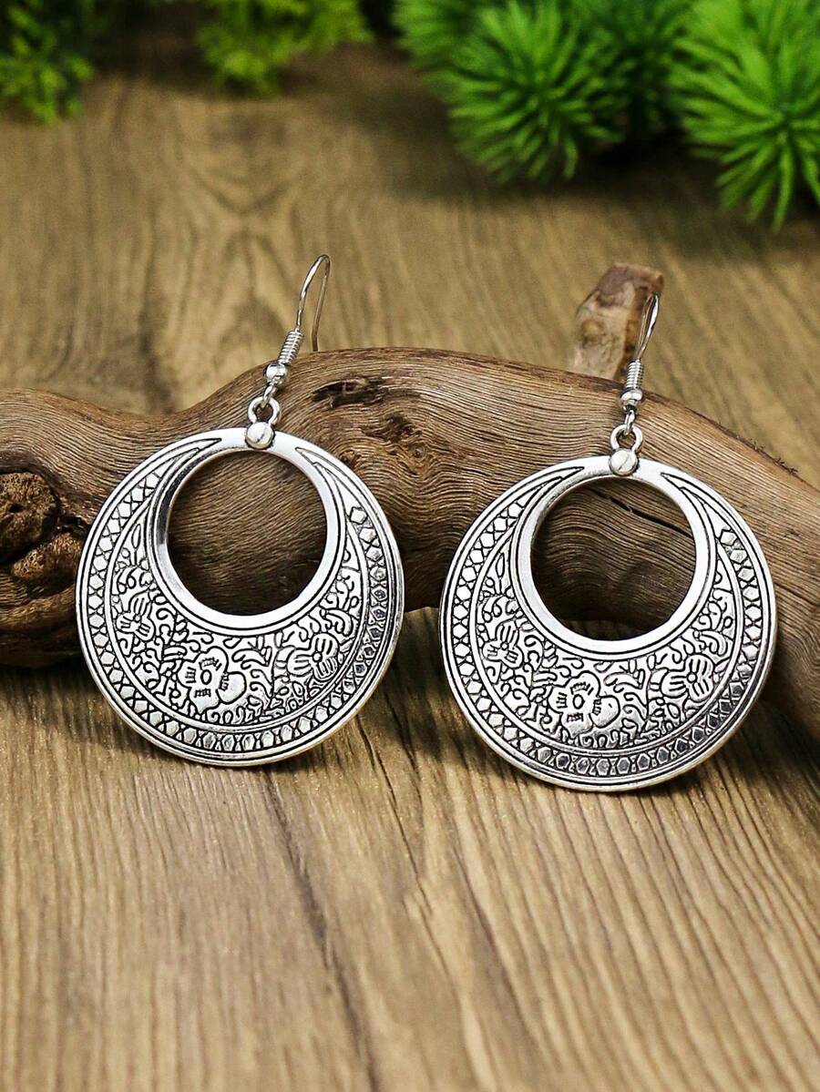 TopHanqi Pendientes largos redondos con textura de metal - Plata antigua - Ver 1