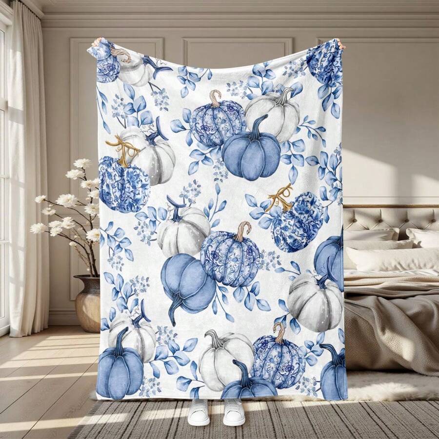 1pc Autumn Flannel Blanket, Featuring Fluffy Flannel Fabric With Blue & White Porcelain Pumpkin Pattern, Soft & Cozy Thanksgiving Themed Blanket, Ideal For Holiday Decor & Gifting, Suitable For Living Room, Bedroom, Office, Camping, Party, Thanksgiving Throw Blanket, Nap Blanket | Sofa Blanket | Air Conditioning Blanket, Multiple Sizes Available, White Blanket