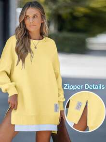 ChicMe Womens Crew Neck Long Sleeve Pullover Sweatshirt Dress Zipper Slit Design Faux Two Pieces Solid Casual Oversize Outfit For Daily Street - Yellow - View 4