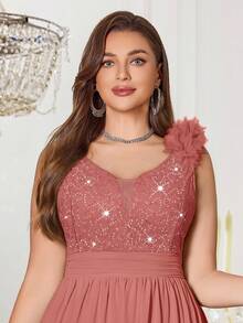 Plus Sequin Floral Lace Deep V-Neck 3D Flower Sleeveless Contrast Chiffon Split Thigh Ruched Hem Formal Party Maxi Dress, Homecoming Dress, Prom Wedding Guest Dress, For Graduation, Dinner, Formal Events - 藕粉色 - 查看 9