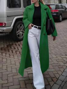 秋冬新款休闲女式羊毛混纺翻领长袖保暖通勤优雅长款大衣，时尚女式长款绿色双排扣呢大衣，翻领设计，双扣细节，秋冬完美之选