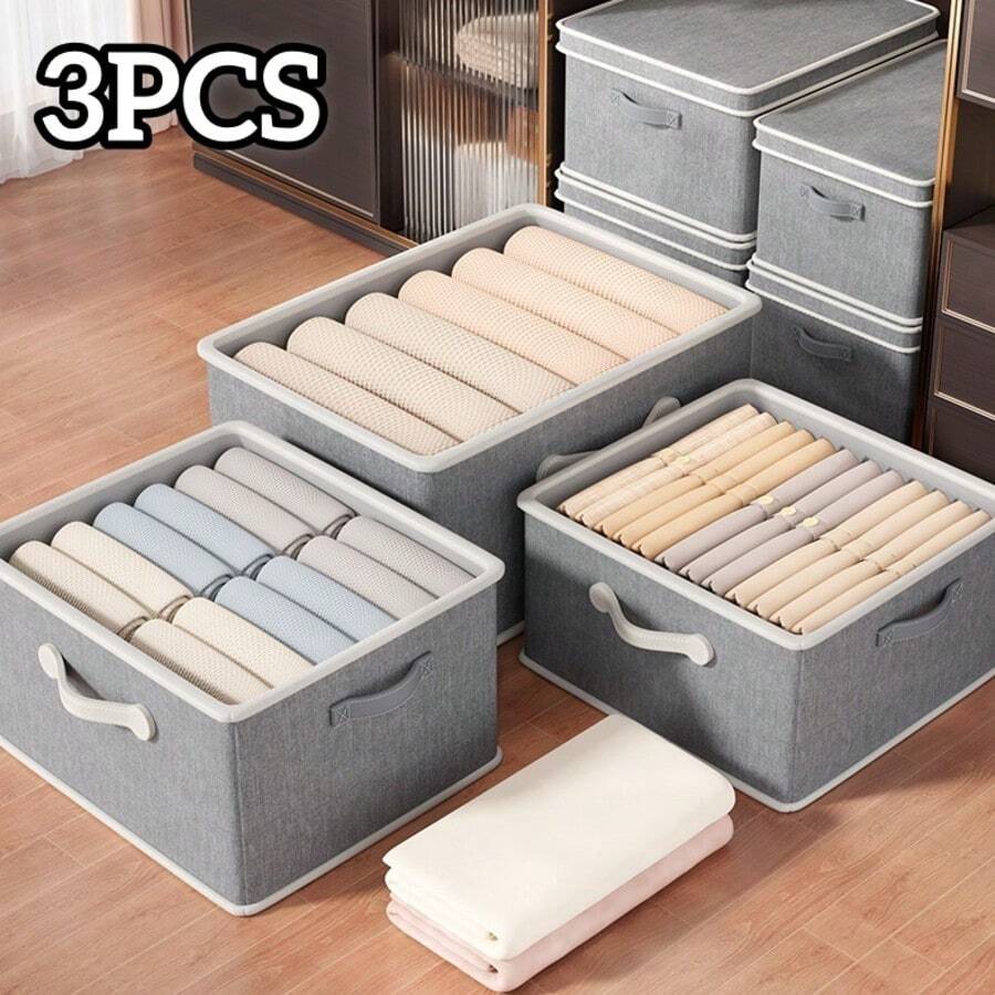 3 PIEZAS Caja de almacenamiento de gran tamaño con tapa, caja de almacenamiento de ropa de temporada plegable, caja de almacenamiento de artículos varios para debajo de la cama, el asa está reforzada para un fácil manejo, diseño apilable para ahorrar espacio de almacenamiento, adecuado para dormitorios, habitaciones, salas de estar, armarios, debajo de la cama, suministros de almacenamiento, decoración de habitaciones - Multicolor - Ver 1
