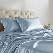 4/6 Pieces Solid Satin Luxury Sheet Set With 1*Flat Sheet,1*Fitted Sheet,4*Pillowcases Without Core,Luxury Silky With Natural Sheen,Elastic 14" Pocket Fits Up To 16" Mattress,Soft Comfortable Breathable Bedding Mattress Protector Set,All-Season Elegant Home Textile For Full-Queen-King-California King Size,Ideal Festive Celebrations Holiday Gift For Bedroom Decor - 藍色 - 查看 3