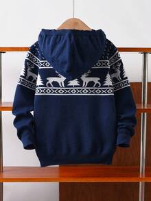 男孩和青少年男孩简约圣诞驯鹿图案连帽针织套头衫，长袖，适合圣诞节、休闲、春季、秋季、冬季 - 藏蓝色 - 查看 3
