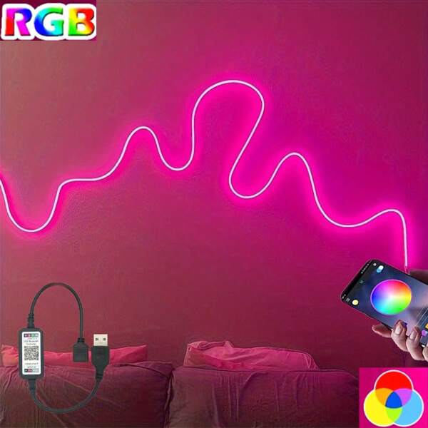 Luci al neon flessibili NEON - Alimentate tramite USB, controllo senza fili tramite app, RGB multicolore con bianco, luce al neon appesa a parete con telecomando, luci a LED per camera, per l'atmosfera domestica, sala giochi, cucina, Ognissanti e decorazioni natalizie