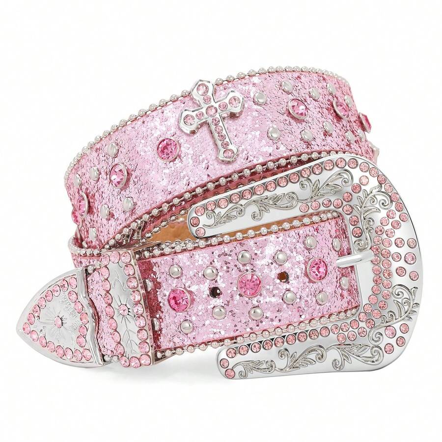 SUOSDEY Unisex Rhinestone Belt Halloween Vintage Rivet Sparkly Bling Diamond Belts Music Festival Wear - Hồng - Xem 1