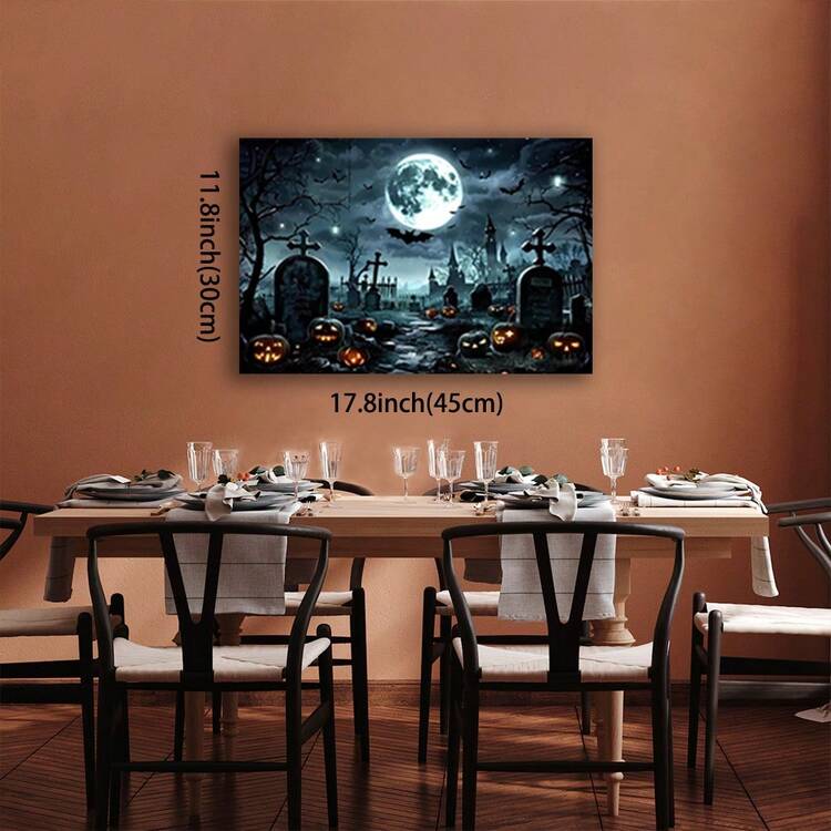 Framed 1pc Vintage Gothic Halloween Canvas Wall Art Spooky Deserted Tomb Scene With Full Moon Bats And Jack-O'-Lanterns Eerie Artwork Painting,Canvas Poster Decorative Painting,Aesthetic Art Print Wall Decor,Wall Art Picture Print Home Decor For Livingroom,Bedroom,Study,Office,Corridor,Bar,Bathroom,Kitchen,Corridor Decoration - Framed - View 3