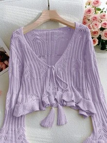 Women's Spring Summer Knit Drawstring Cardigan - Flared Sleeves Ruffled Fringe For Date Vacation ,Saint Patrick's Day, Easter - Purple - View 2