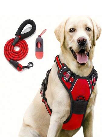 Visible Night Walking Kit: Escape Proof Dog Harness With Reflective Strips | 3-In-1 Set (Adjustable Vest/Leash/Poop Pouch)