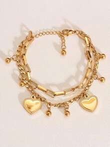 1 Pieza Brazalete vintage de doble capa con forma de corazón para adolescentes, estilo cool y hip-hop, brazalete de cadena con cuentas personalizado - Multicolor - Ver 4