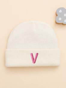 1 peça de gorro de malha branca com estampa de letras rosa bebê, moderno e fofo, macio e confortável, quente, adequado para bebês de 0 a 6 meses, uso diário no outono/inverno