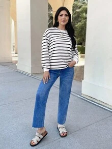 EMERY ROSE 春季白色条纹印花落肩卫衣连帽衫毕业、返校服装、毕业、女士教师服装、返校 - 黑與白 - 查看 3