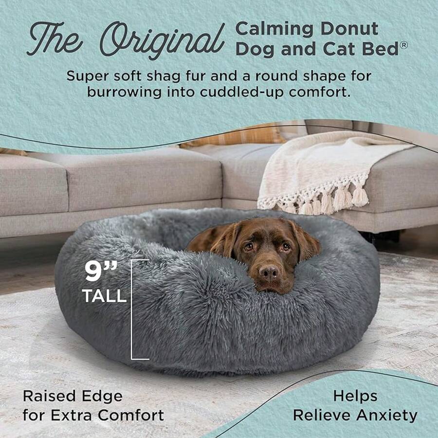 Best Friends By Sheri The Original Calming Donut Dog Bed – Washable Plush Pet Bed For Large Breeds Up To 100 Lbs, Shag Faux Fur, Taupe, Large (36" X 36") - Gray Shag - 查看 1
