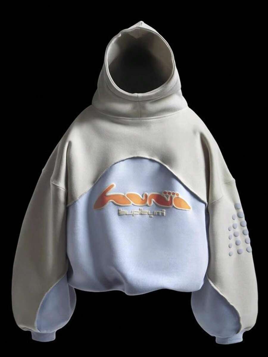 2025 New Leisure Street Color Collision Splicing Letters Foam Print Hooded Sweatshirt Menswear Tops - 藍白色 - 查看 1