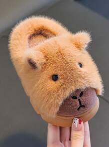 1 双儿童水豚毛绒拖鞋，包头室内家居鞋，秋冬保暖，男孩/女孩适用