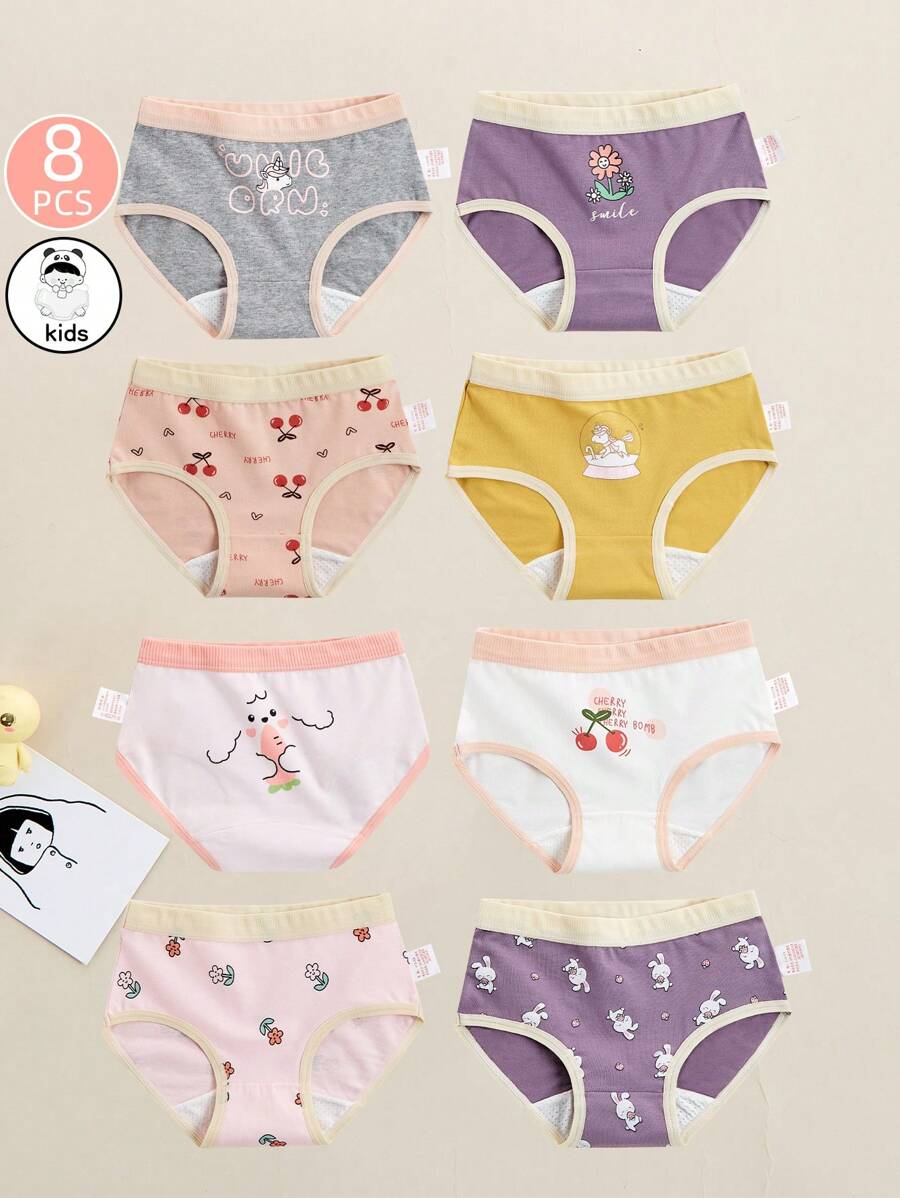 Coollikuli 8 Pairs Of Pure Cotton Triangular Underpants For Young Girls In Multiple Colors, Comfortable And Soft. Cartoon Unicorn, Cherry And Flower Printed Little Girl Underpants For All Four Seasons