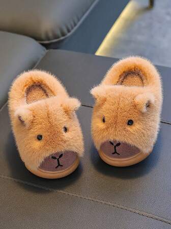 1 Pair Capybara Plush Slippers For Kids, Closed Toe Indoor Home Warm Shoes For Boys And Girls, Autumn/Winter