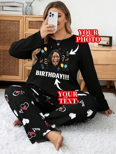 Parte superior de pijama de punto de poliéster con estampado gráfico de retrato de cumpleaños personalizado, estilo casual para mujer, con estiramiento medio, serie otoño/invierno, ropa de estar en casa talla grande para adultos, cómoda y cálida
