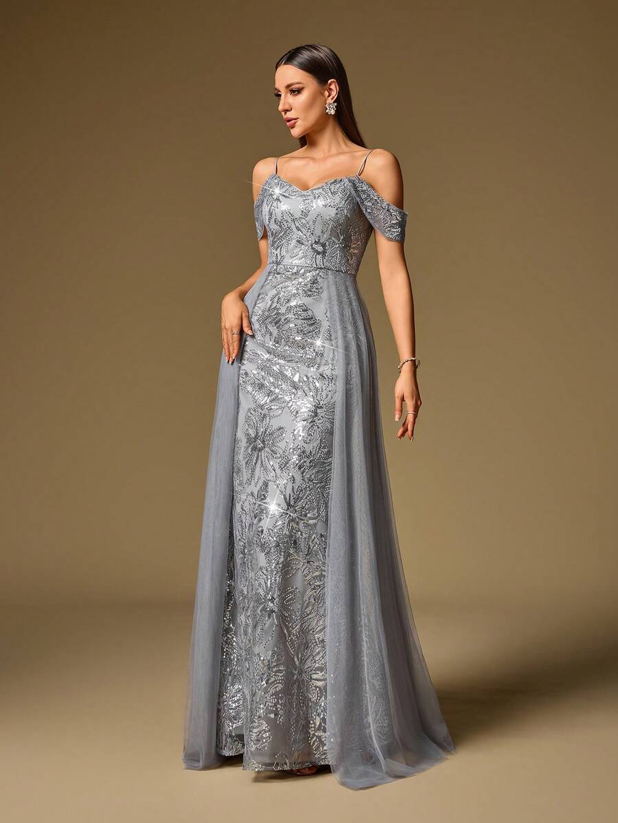 春夏露肩亮片网纱刺绣A字型正式晚礼服，优雅舞会礼服，婚礼宾客礼服，适合毕业典礼、盛大晚宴及其他场合 - 灰色 - 查看 1