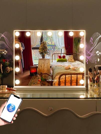 FENCHILIN Espejo de Maquillaje con Diseño Giratorio de 360° con Iluminación, Espejo de Maquillaje con 15 Luces LED Regulables, Espejo Grande con Puerto USB, Espejo de Maquillaje con Control Táctil de Luz y Temperatura de 3 Colores, Espejo de Maquillaje de Escritorio para Dormitorio, Blanco 58cm x 46cm