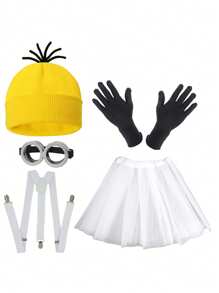 D EXCEED 3/4/5 pièces Accessoires de costume d'Halloween pour adultes - Bonnet jaune / Lunettes de protection / Gants / Bretelles pour se costumer à Halloween, bal de promo