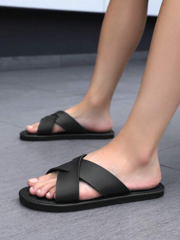 Men's Comfortable Fashion Black Slippers Cross Slippers Cool Non-Slip Lightweight Flat Casual Sandals Men Sandals
