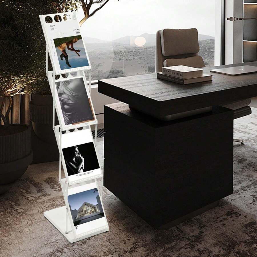 eusmeyusnt eusmeyusn Expositor de 4 niveles, revistero plegable con 4 compartimentos, ideal para exposiciones, ferias comerciales, folletos A4, catálogos, oficinas, bibliotecas, salas de espera y escuelas.