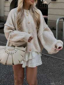 女士宽松圆领金属纽扣休闲纯色灯笼袖加厚针织开衫外套，Y2K风格，秋冬款 - 卡其色 - 查看 4