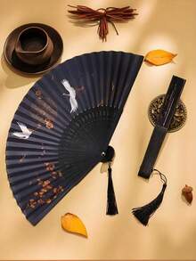 1pc Exquisite Chinese Style Fan With Embroidered Crane And Tassel - Perfect Gift With High Cost Performance And Excellent Quality - Bird - View 7