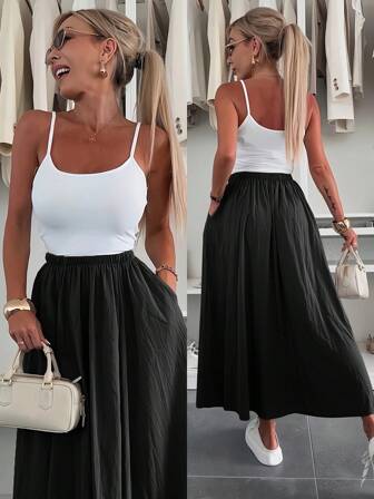 Elegant och avslappnad enfärgad kjol med hög midja och fickor för kvinnor, sommar