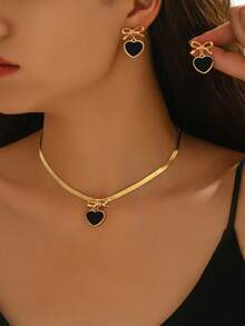3 件套优雅项链 + 耳环女士首饰套装，蛇形链项链，几何条纹，人造珍珠心形吊坠设计，锁骨链，适合日常、节日、所有季节，高端礼品配饰 - 蝴蝶結黑色 - 查看 2
