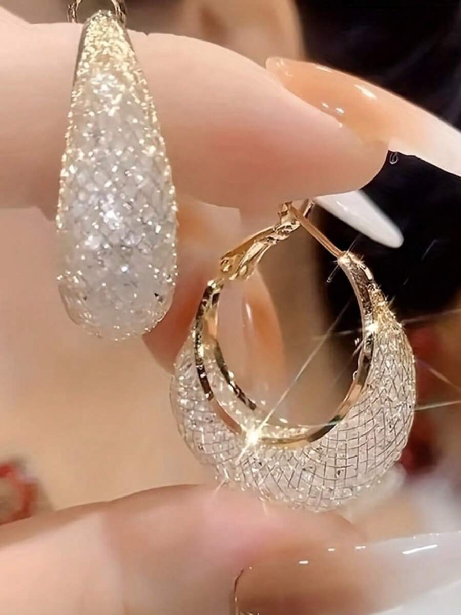 奢华耳环 闪耀环状耳环，时尚女士耳环珠宝礼品，生日礼物，情人节礼物 - 金色 - 查看 1