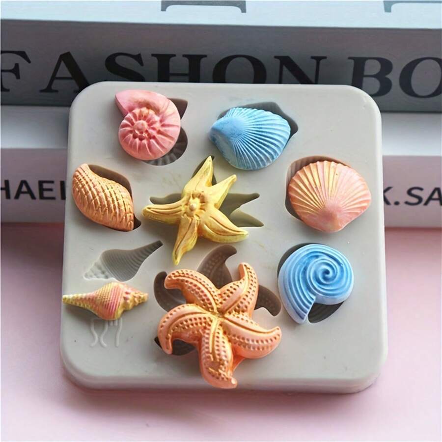 1/2 pezzi Stampo in silicone a tema marino con stelle marine, conchiglie e conchiglie, stampo per candele, sapone, resina, argilla morbida, decorazione a goccia, strumenti decorativi per l'artigianato a mano - Bianco - Visualizzare 1