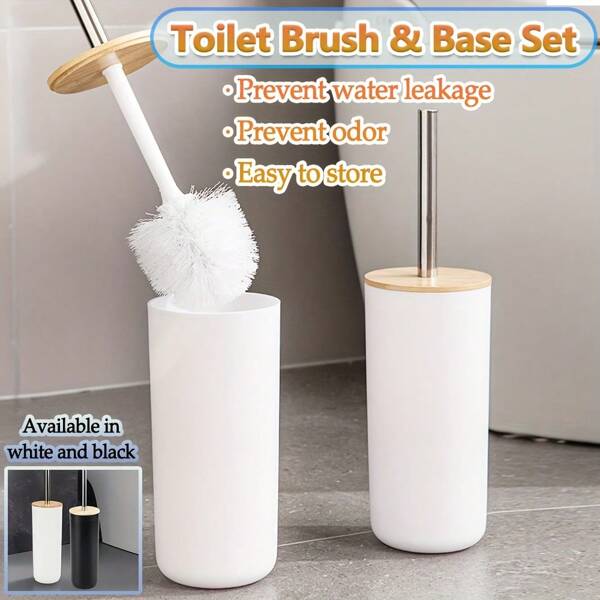 1 Conjunto Ferramenta de Limpeza de Vaso Sanitário - Escova de Banheiro de Bambu com Cabo Longo e Balde de Armazenamento de Plástico, Design Portátil, Essencial de Limpeza de Banheiro, Acessório de Banheiro de Estilo de Luxo