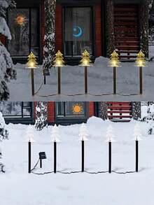 1 Pack Of 5 Solar Powered LED Christmas Tree Path Lights - Warm White, 5-Pointed Star/Snowflake Design, Outdoor Waterproof Holiday Decor, Auto Solar Charging During Day, Auto Lighting At Night, Ground Lighting, Easy Installation, No Wires Needed, Ideal For Winter Parties, Home, Pathways, Gardens, Walkways, Patios, Planters, Sidewalks, Christmas, Holidays, New Year, And Lawn Ambiance Lighting