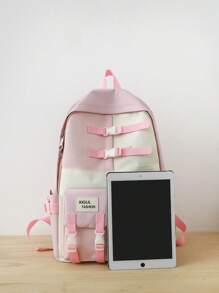 4 件套女士背包套装，韩版清新撞色背包，书包，笔记本电脑包，适合青少年、高中生、大学生、女士，日常使用、通勤、旅行 - 粉色 - 查看 3