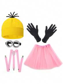 D EXCEED 3/4/5 pièces Accessoires de costume d'Halloween pour adultes - Bonnet jaune / Lunettes de protection / Gants / Bretelles pour se costumer à Halloween, bal de promo