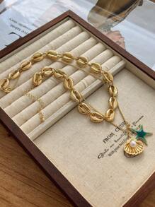 طقم قلادة متعدد الطبقات بطراز بوهيمي به نجوم وأصداف البحر ، مناسبة للارتداء اليومي وحفلات وأزياء الشاطئ