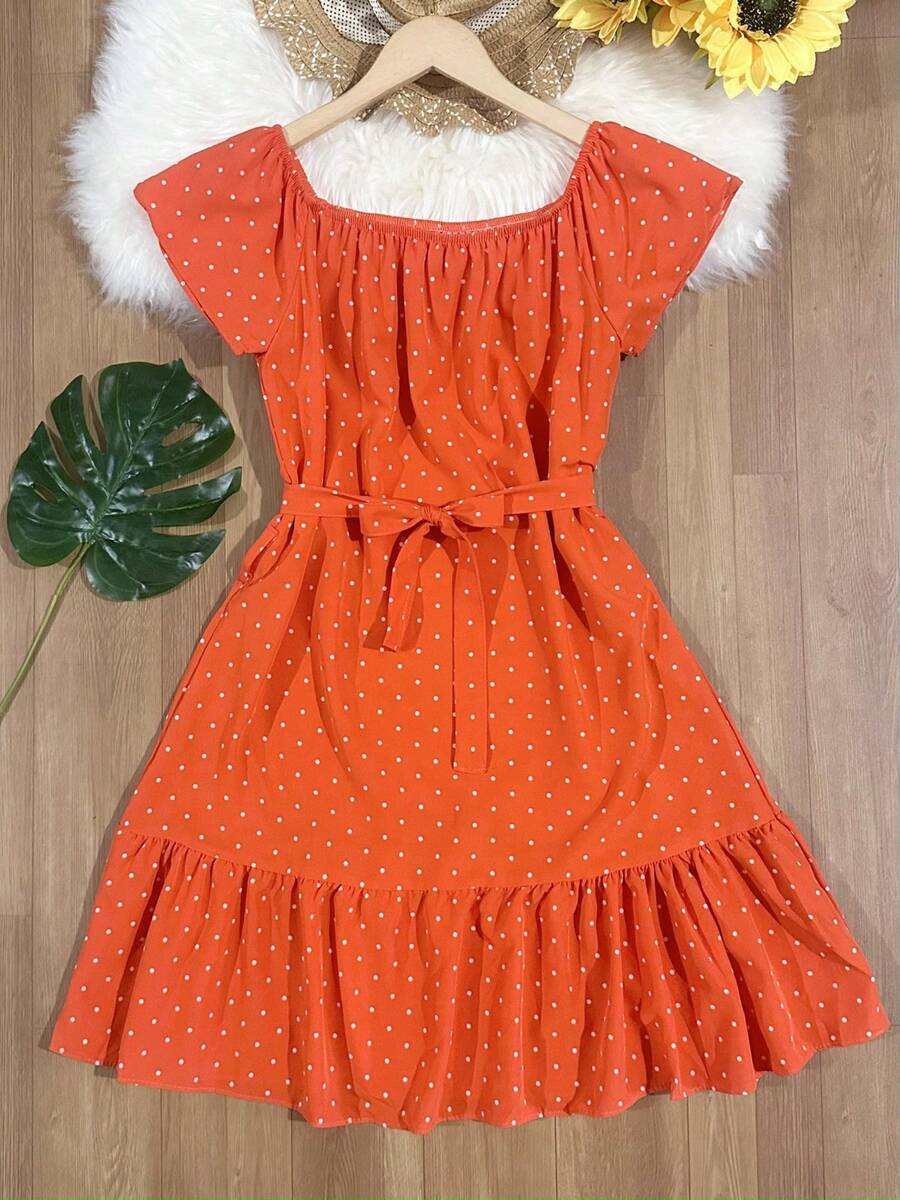 Floral Polka Dots With Belt Ruffle Hem Beach Women's Fashion - 橘色 - 查看 1