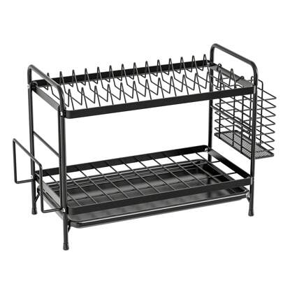 1 Piece 2-Tier Dish Drying Rack With Drip Tray And Utensil Holder, Cutlery Rack, Chopstick Rack, Suitable For Apartment Kitchen Countertop, Storage Rack, Wrought Iron Chopstick Holder, Cutting Board Rack (Black, 19 Inch*8.2 Inch*11.8 Inch)