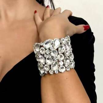 1pc Sparkling Crystal Exaggerated Bracelet, Water Drop Design Women's Fashion Rhinestone Bracelet, Wedding Jewelry