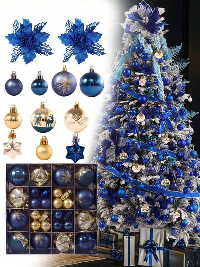 44 piezas Adornos de bolas de Navidad, Juego de adornos navideños azules y dorados y flores navideñas para decoración del árbol de Navidad, Bolas colgantes irrompibles de Navidad para Navidad, fiesta de Halloween, decoración del hogar