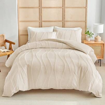 2/3pcs Khaki Striped Tufted Jacquard Polyester Duvet Cover Set, Bohemian Vintage Chic Bedding Set, Suitable For All Seasons, Queen Size (1 Duvet Cover + 1/2 Pillowcase)