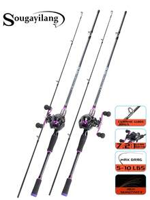 SOUGAYILANG Combo canna da pesca e mulinello, canna in fibra di carbonio a 2 sezioni da 1,8 m, mulinello baitcasting, bobina in alluminio liscio, rapporto di ingranaggi ad alta velocità 7,2:1, con filo da pesca in nylon, esche da pesca e accessori, ambidestro, media potenza (le specifiche del filo da pesca e gli stili e i colori degli accessori sono casuali) - Viola - Visualizzare 2