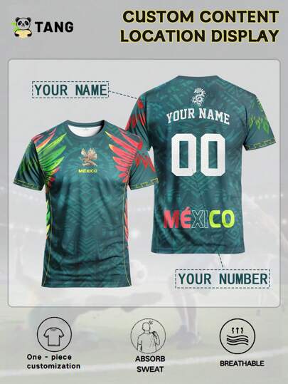 Camiseta de fútbol personalizada estilo México para hombres, personalizada con nombre y número, sudadera deportiva cómoda de cuello redondo, adecuada para entrenamiento de fútbol, uso casual y como regalo