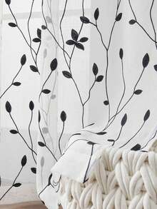1pc Embroidered Sheer Curtains, Floral Leaf Pattern, Rod Pocket, UV Protection, Breathable, Transparent, Polyester, Rod Pocket, No Lining, For Living Room, Bedroom, Dining Room - Black - View 8