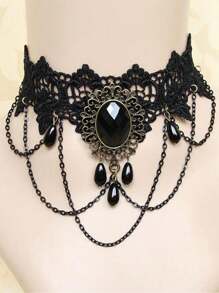 1 件黑色皇冠吊坠颈链，哥特式蕾丝项链颈链 - 黑色寶石流蘇款 - 查看 3